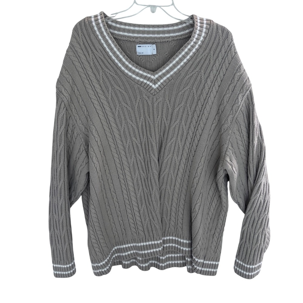 ASOS DESIGN Mens Cable Knit V-Neck Tennis Sweater Tan Striped Tipped Size M